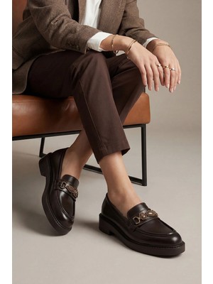 Marjin Kadın Loafer Makosen Tokalı Taşlı Klasik Günlük Ayakkabı Egano Kahve