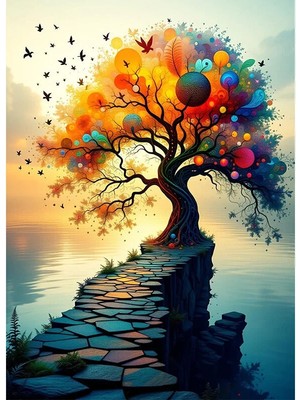 Bedeko Kayalık Üzerinde Ağaç Sürreal Mdf Ahşap Tablo