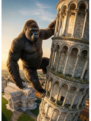 Bedeko Pisa Kulesine Tırmanan Goril Mdf Ahşap Tablo