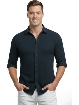 Deepsea Lacivert Slim Fit Örme Kumaş Likralı Erkek Gömlek – Nefes Alan Esnek ve Modern Tasarım 2602604