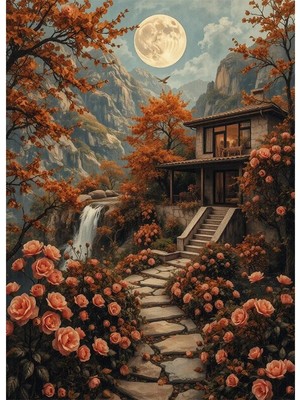 Bedeko Dağ Evi ve Dolunay Manzaralı Mdf Ahşap Tablo