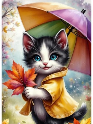 Bedeko Şemsiyeli Şirin Kedi Mdf Ahşap Tablo