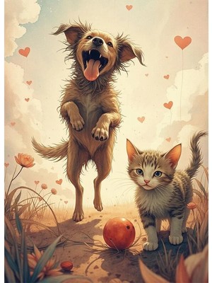 Bedeko Kedi ve Köpek Resimli Mdf Ahşap Tablo