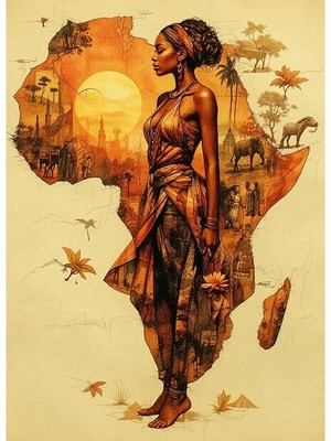 Bedeko Afrika Kıtası ve Afrikalı Kadın Mdf Ahşap Tablo