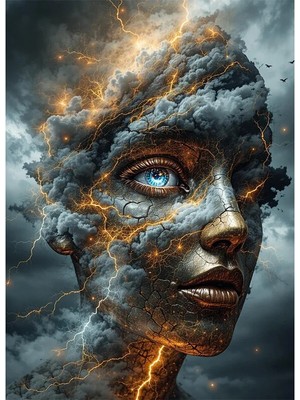 Bedeko Gökyüzünde Bulutlar ve Kadın Yüzü Mdf Ahşap Tablo