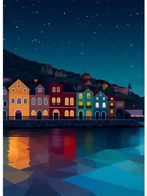 Bedeko Yıldızlar Altında Sahil Evleri Mdf Ahşap Tablo