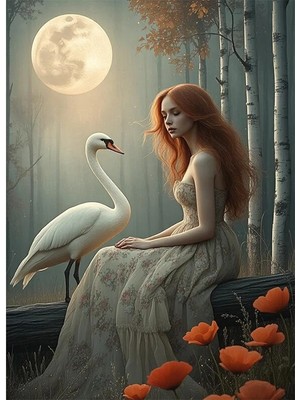 Bedeko Ay Işığında Kuğu ve Kadın Mdf Ahşap Tablo