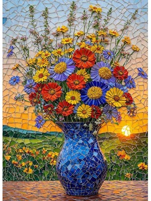 Bedeko Mozaik Görünümlü Çiçek ve Vazo Resimli Mdf Ahşap Tablo