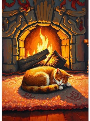Bedeko Şöminede Isınan Kedi Resimli Mdf Ahşap Tablo