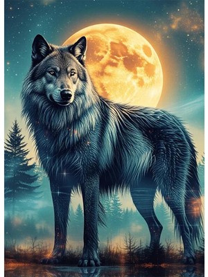 Bedeko Dolunayda Bozkurt Resimli Mdf Ahşap Tablo