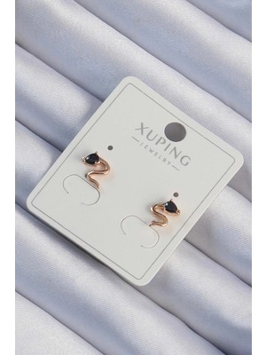 Luz&Pos Xuping Rose Renk Siyah Zirkon Taşlı Kıvrımlı Küpe