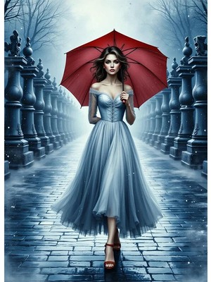 Bedeko Kırmızı Şemsiyeli Kadın Mdf Ahşap Tablo