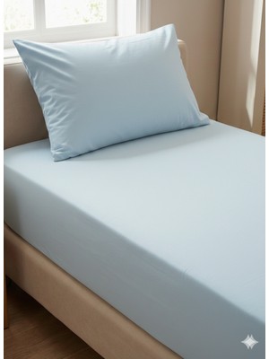 Maki Home %100 Pamuklu Buz Mavisi 90X190+50X70 cm Tek Kişilik Lastikli Çarşaf Takımı