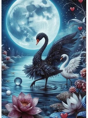 Bedeko Ay Işığı ve Kuğular Mdf Ahşap Tablo