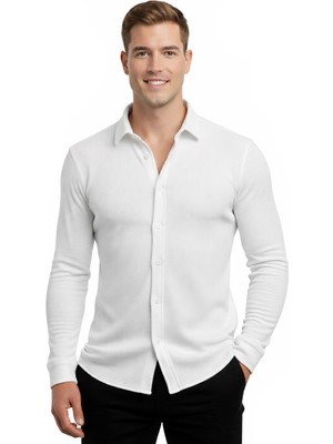 Deepsea Beyaz Slim Fit Örme Kumaş Likralı Erkek Gömlek – Nefes Alan Esnek ve Modern Tasarım 2602604