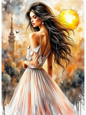 Bedeko Beyaz Elbiseli Kadın Resimli Mdf Ahşap Tablo