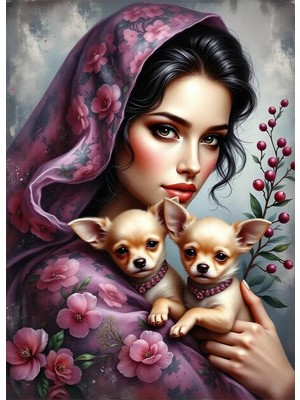 Bedeko Yavru Köpekler ve Güzel Kadın Mdf Ahşap Tablo