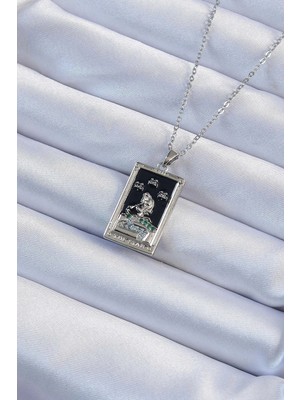 Luz&Pos 316L Çelik Zincir Gümüş Renk Zirkon Taşlı Siyah Mineli Kız Figürlü Tarot Kolye