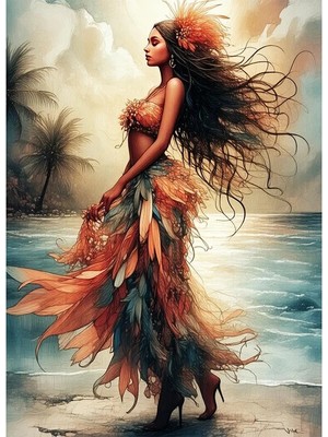 Bedeko Kumsalda Otantik Kıyafetli Kadın Mdf Ahşap Tablo