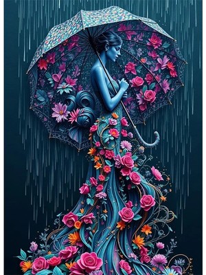 Bedeko Çiçek Elbiseli Şemsiyeli Kadın Mdf Ahşap Tablo