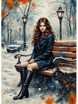 Bedeko Bankta Oturan Siyah Çizmeli Kadın Mdf Ahşap Tablo