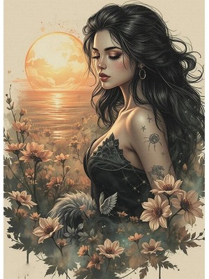 Bedeko Çiçekler Arasındaki Kadın Mdf Ahşap Tablo