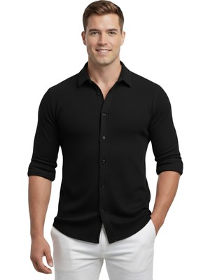Deepsea Siyah Slim Fit Erkek Gömlek – Nefes Alan Esnek Tasarım Casual Stil Düğmeli 2602604