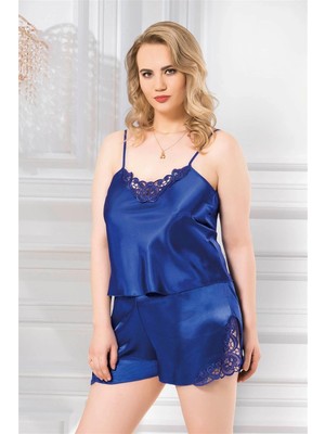 Beruflic Büyük Beden Saks Saten Babydoll Şort Takımı