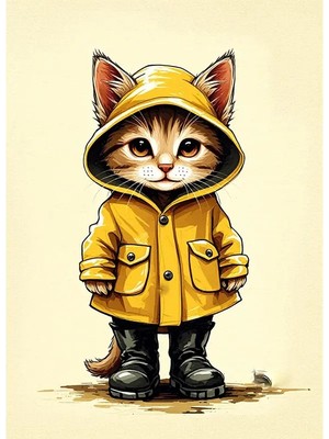 Bedeko Yağmurluk Giyen Kedi Mdf Ahşap Tablo