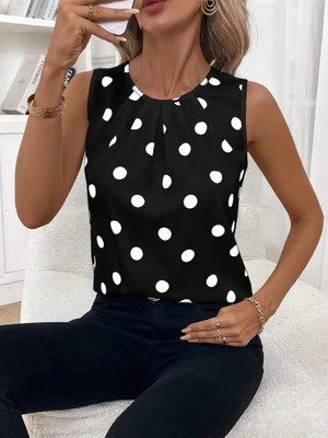 Yeşil Sarmaşık Kadın Askılı Yakası Büzgülü Puantiyeli Atlas Bluz