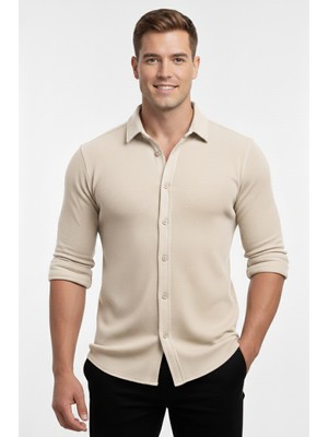 Deepsea Bej Slim Fit Örme Kumaş Likralı Erkek Gömlek – Nefes Alan Esnek ve Modern Tasarım 2602604