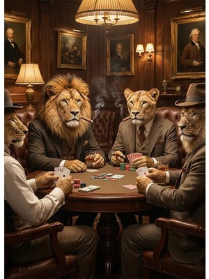 Bedeko Poker Oynayan Aslanlar Mdf Ahşap Tablo