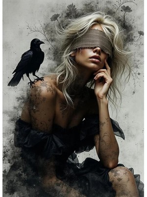 Bedeko Gözleri Bağlı Kadın Omuzunda Siyah Kuş Mdf Ahşap Tablo