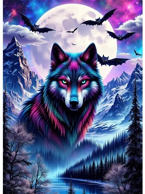 Bedeko Dolunayda Yarasalar ve Kurt Resimli Mdf Ahşap Tablo