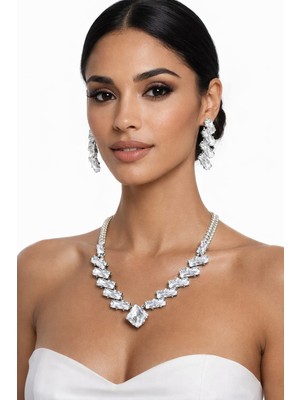 Klc Takı Kadın Gümüş Renk Model Su Yolu Zirkon Taşlı Kolye Küpe Seti