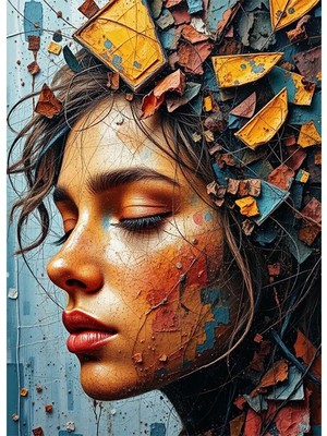 Bedeko Parçalanmış Renkli Taşlar ve Kadın Mdf Ahşap Tablo