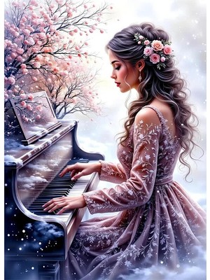 Bedeko Kar Altında Piyano Çalan Kadın Mdf Ahşap Tablo