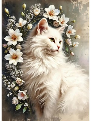 Bedeko Beyaz Kedi ve Çiçekler Mdf Ahşap Tablo