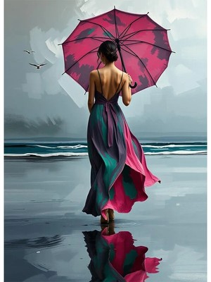 Bedeko Kumsalda Yürüyen Şemsiyeli Kadın Mdf Ahşap Tablo