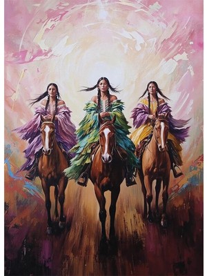 Bedeko At Üzerinde Kızılderili Kadınlar Resimli Mdf Ahşap Tablo