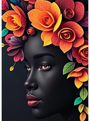Bedeko Renkli Çiçekler ve Siyahi Kadın Mdf Ahşap Tablo