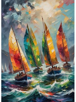 Bedeko Dalgalı Denizde Yelkenli Tekneler Mdf Ahşap Tablo