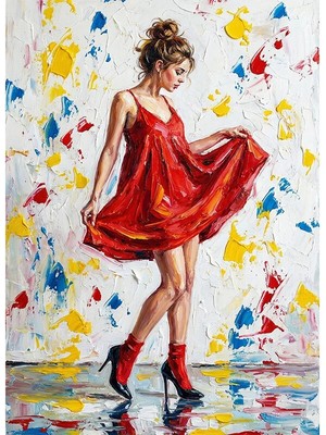 Bedeko Yağlı Boya Desenli Kırmızı Elbiseli Kadın Mdf Ahşap Tablo