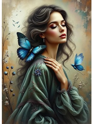 Bedeko Mavi Kelebek ve Kadın Mdf Ahşap Tablo