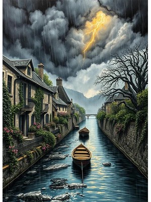 Bedeko Yağmur Altında Sandallar ve Nehir Mdf Ahşap Tablo