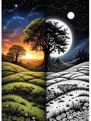 Bedeko Gece ve Gündüz Temalı Manzara Mdf Ahşap Tablo