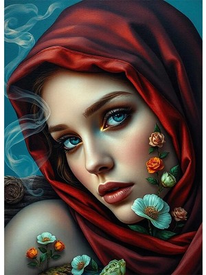 Bedeko Mavi Gözlü Kırmızı Eşarplı Kadın Mdf Ahşap Tablo