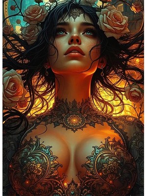 Bedeko Güller ve Çiçek Elbiseli Kadın Mdf Ahşap Tablo