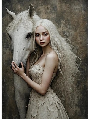 Bedeko Beyaz At Beyaz Saçlı Kadın Mdf Ahşap Tablo