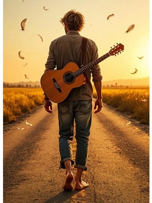 Bedeko Yolda Yürüyen Gitarst Resimli Mdf Ahşap Tablo